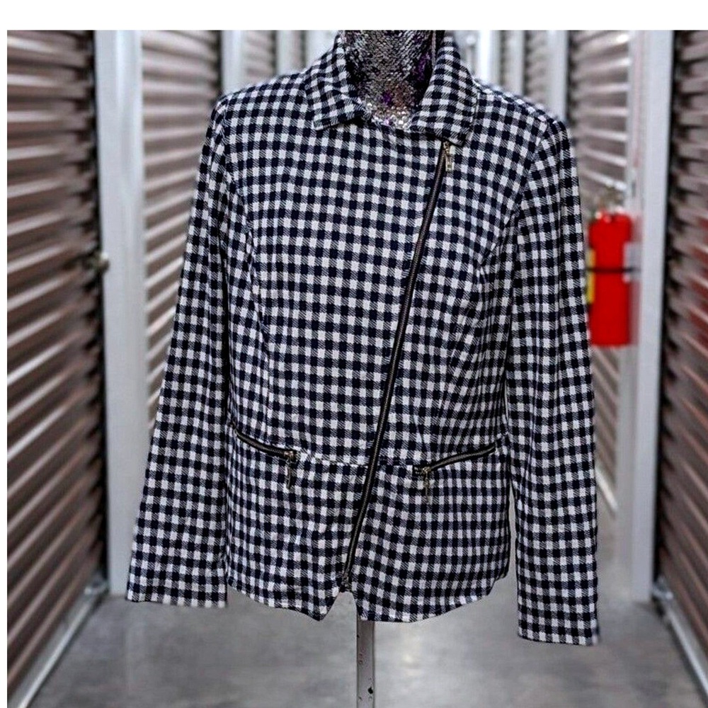 Quiet Luxury Gingham Blue White Moto Jacket Preppy Zip Blazer Chico's Medium